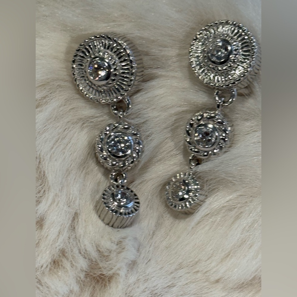 Judith Ripka Sterling Silver Graduated Triple 3 Round Drop Dangle CZ Earrings